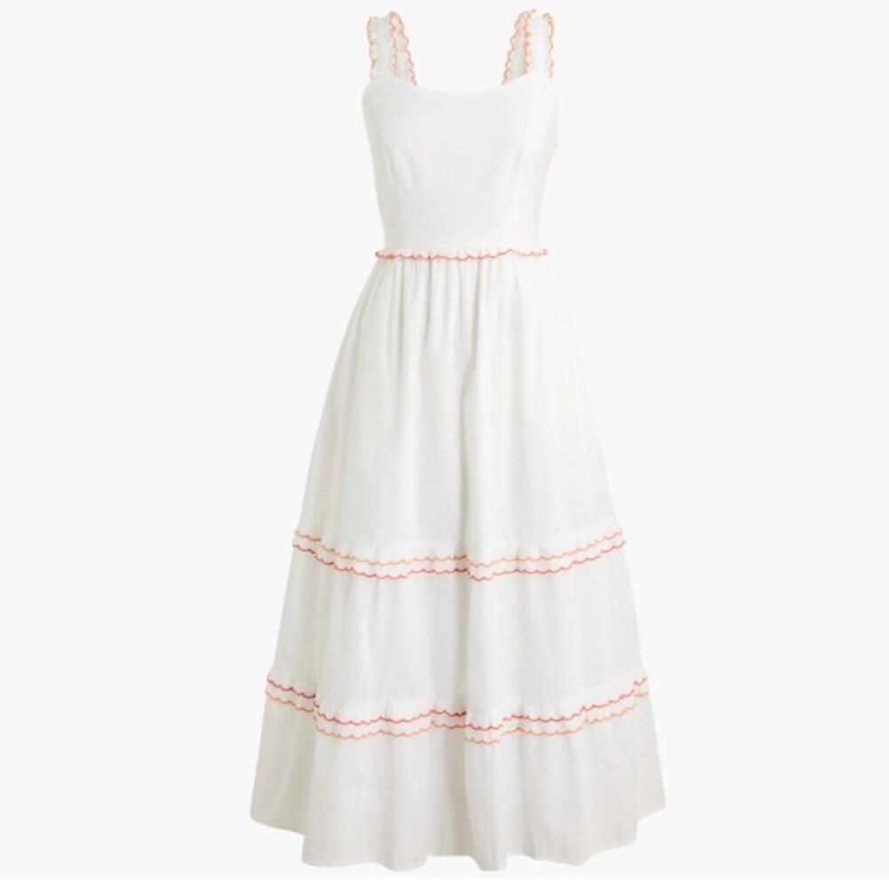 J.CREW Factory Midi Dress White Peach Scalloped Trim Pockets Cotton Size 14 NWOT